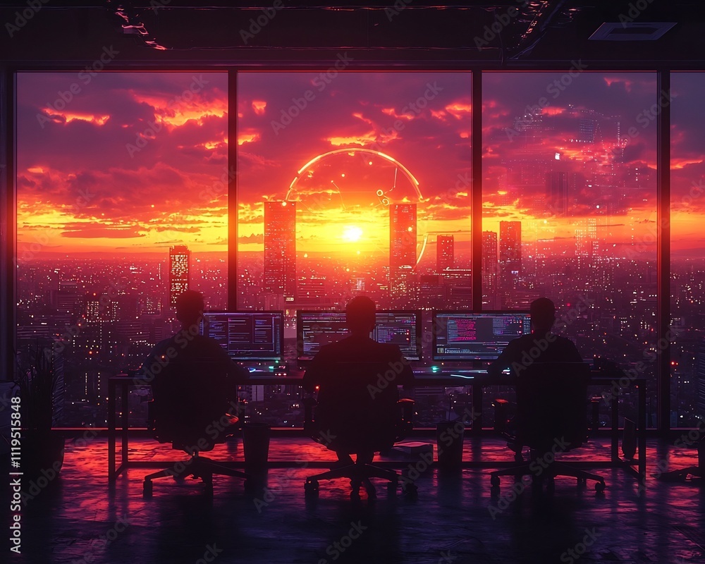 Poster futuristic startup office empowered by innovative ai driven workflows and glowing digital interfaces
