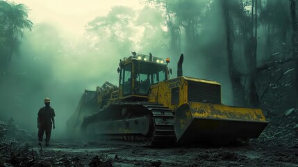 Bulldozer in Jungle Clearing Impacting Nature