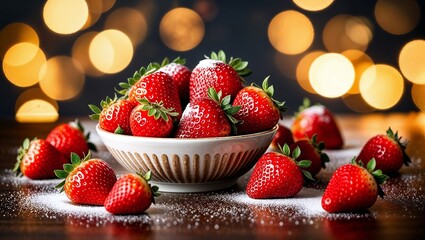 Delicious ripe strawberries in a white ceramic bowl on wooden table, celebration concept.