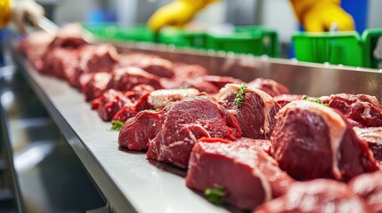 Raw Beef Cuts Moving On Conveyor Belt In Factory