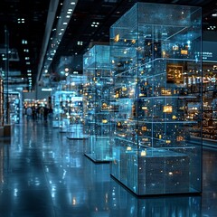 Fototapeta premium Futuristic Trade Show Exhibits Innovative Holographic Product Concepts and Sustainability Tech
