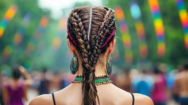 Woman showing french braids hairstyle at music festival