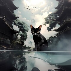 Serene Black Cat in a Misty Asian Landscape