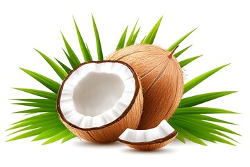 Fresh Coconut Halves with Lush Green Palm Leaves