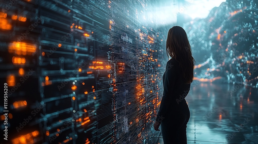 Aufkleber business strategist visualizing futuristic growth scenarios with digital tools and data streams