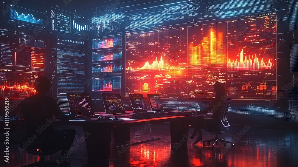 Poster futuristic business meeting with glowing floating interfaces for innovative product presentation and