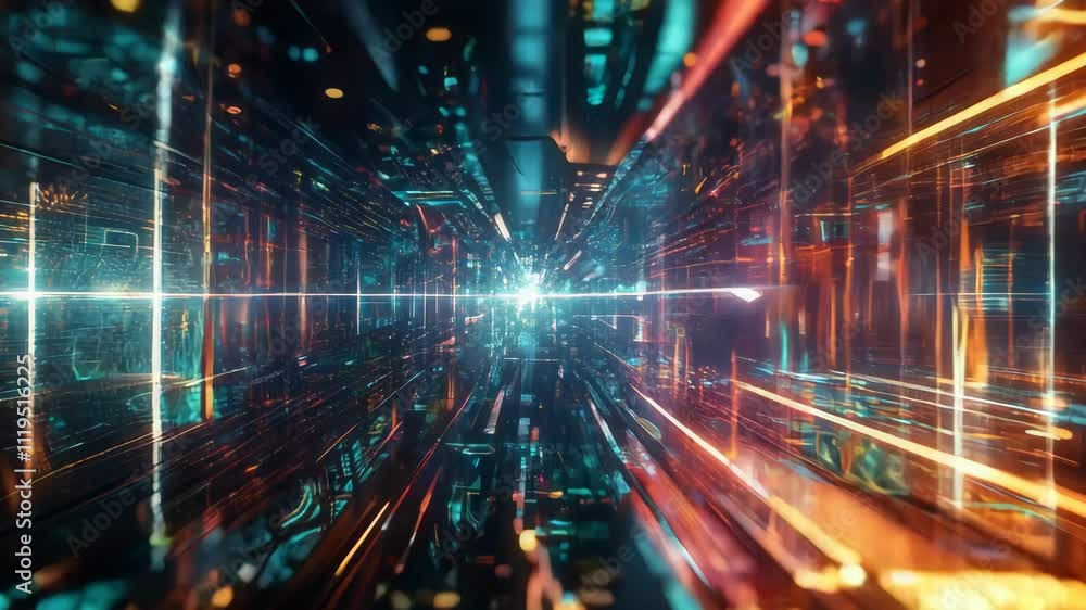 Poster light streaks converge at a vanishing point within a virtual reality cyberspace environment, creatin