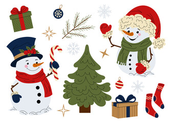 Set cute snowman with candy cane, with a Christmas tree, gifts and decorations. Christmas character for cards, posters, prints. Flat illustration on white background.