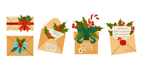 Set of open paper envelopes with letters. Post office. Letters to Santa Claus, congratulations. Flat vector illustration on white background.