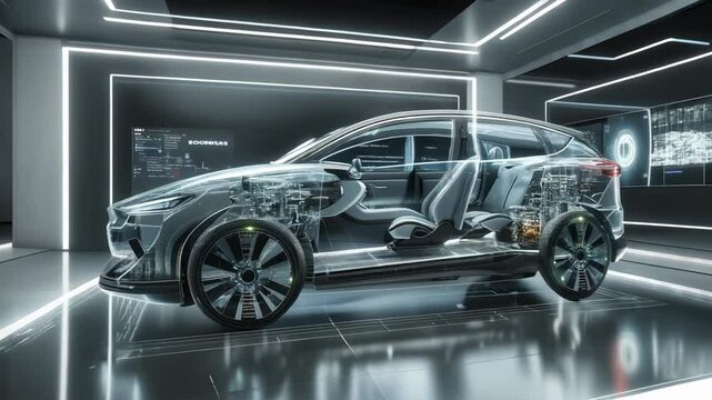Futuristic silver electric suv slowly spins on a platform, its internal structure exposed.  The car is surrounded by sleek, minimalist architecture and glowing lines