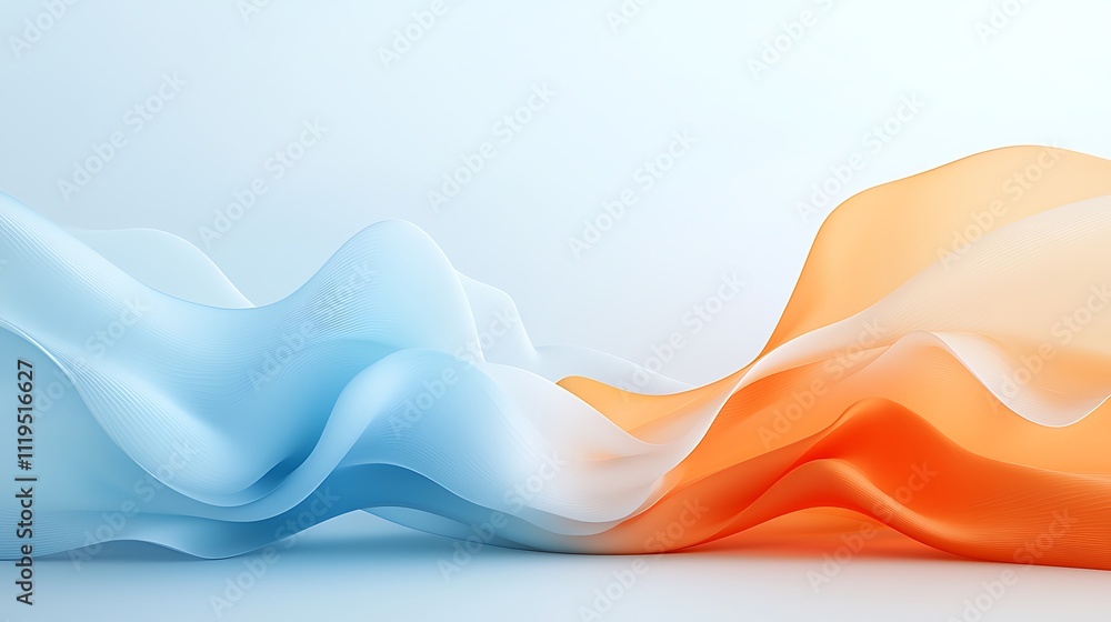 Poster studio setting flowing fabric textures in soft blue and orange hues with abstract curves