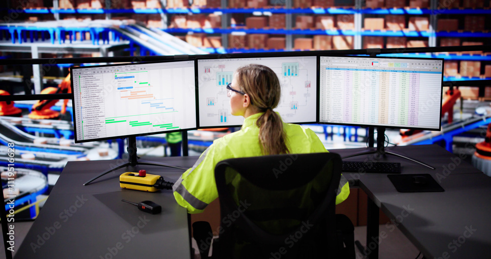 Poster logistics warehouse manager using desktop computer