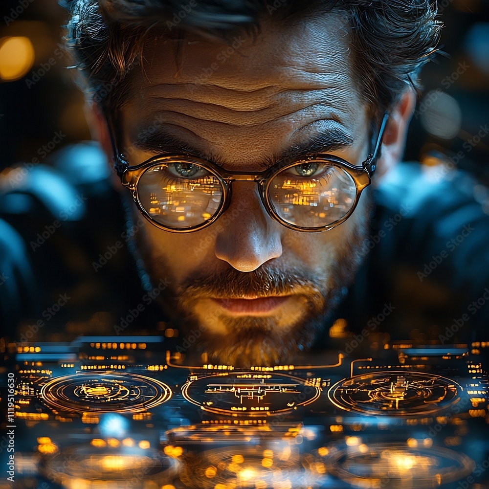 Poster startup founder designing futuristic prototype with virtual engineering tools