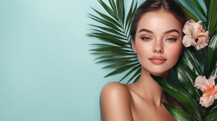 Fototapeta premium Beautiful woman with perfect skin posing with tropical plants and flowers
