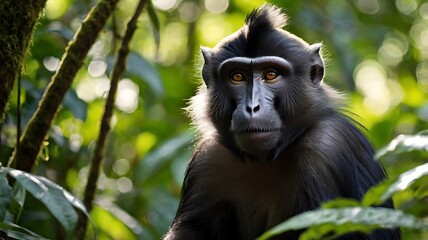Obraz premium close up of Sulawesi crested macaque in the forest, generative ai