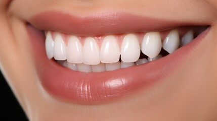 Obraz premium A close-up of a bright smile reveals perfectly aligned, healthy teeth and gums, highlighting oral care and an enhancing grin.