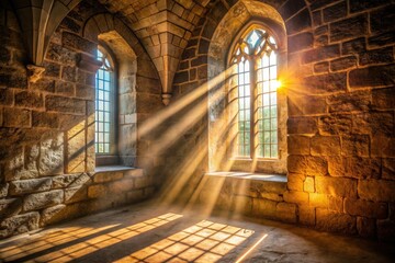 Medieval Sunbeams: Dust Motes in Ancient Stone Chapel - High Depth of Field Photography