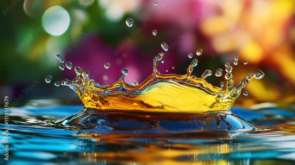Poster golden crown splashing with colorful background reflecting on water surface