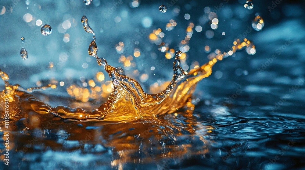 Poster golden water splashing and making a crown shape with droplets