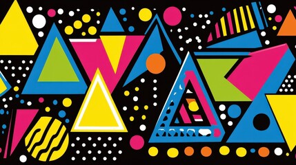 Vibrant geometric pattern with triangles, circles, and dots on a black background.