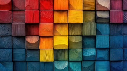 Fototapeta premium Close-up of a colorful textured wall featuring 3D wooden cubes in bold, gradient hues, creating an abstract and artistic design.