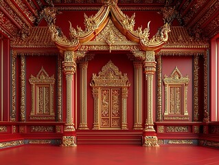 Fototapeta premium Ornate Thai Temple Patterns in Rich Red and Gold Backdrop for Ceremonial and Cultural Themes