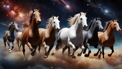 Obraz premium Seven interstellar horses galloping across a nebula-filled galaxy, Acrylic wall painting illustration image.