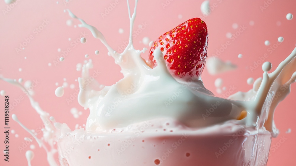 Poster strawberry splashing into yogurt creating a delicious pink yogurt dessert