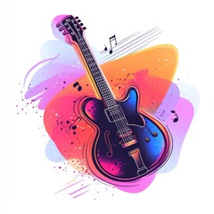 Vibrant illustration of an electric guitar with music notes on an abstract background.