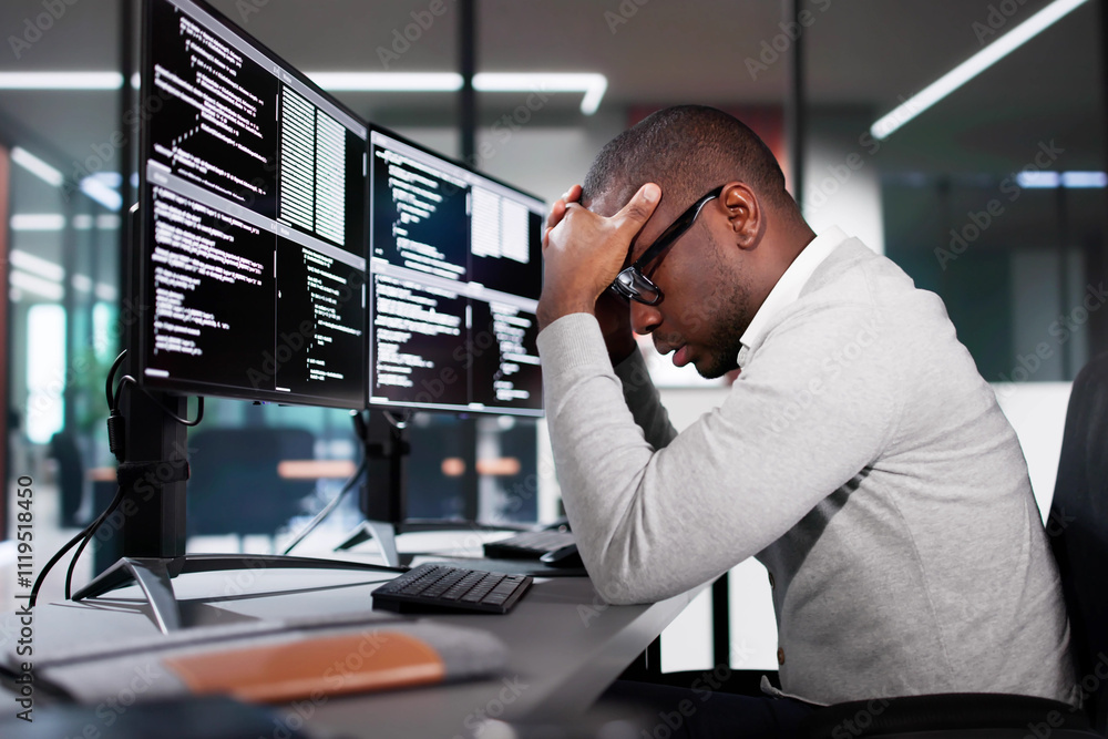 Poster Unhappy Sad Developer Programmer Man In Stress Coding Software