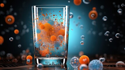 A glass of water bursts with vibrant colors, with bubbles floating around, creating a mesmerizing and dynamic visual effect.
