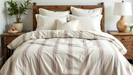 Striped linen duvet cover with mocha mousse stripes in a cottage-style bedroom. Cottagecore, color of the year 2025.