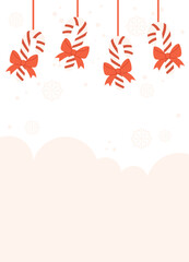 Festive Poster template featuring hanging striped candy canes with red bows, snowflakes, and a soft peach background with blank space.