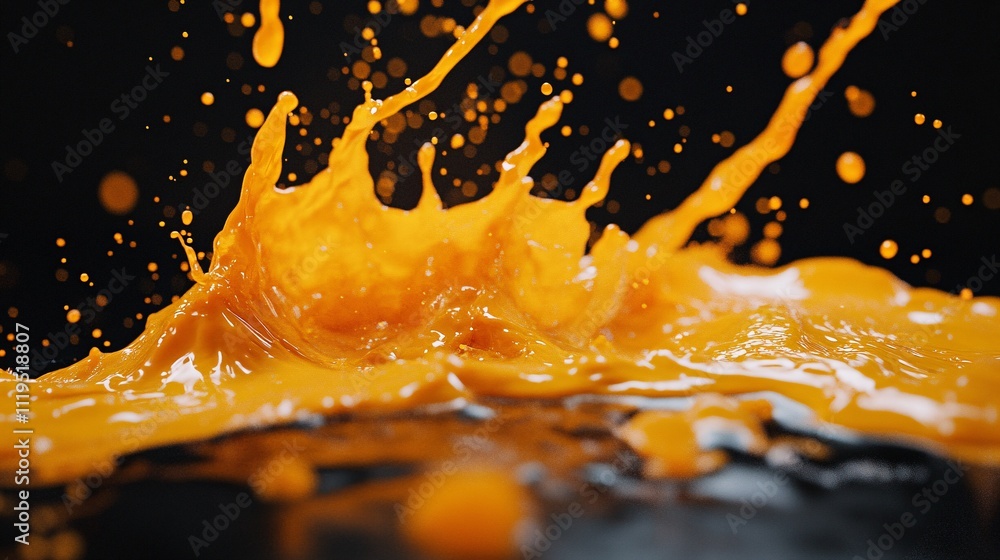Poster orange liquid splashing and making a crown shape on black background
