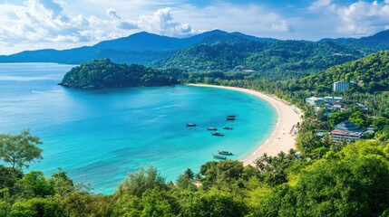 Obraz premium Crystal-clear waters of Phuket's coast, surrounded by lush green islands, golden beaches, and traditional long-tail boats under a bright blue sky