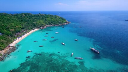 Fototapeta premium Crystal-clear waters of Phuket's coast, surrounded by lush green islands, golden beaches, and traditional long-tail boats under a bright blue sky.