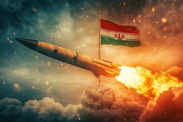 ICBM ballistic missile being launched, Iran flag in foreground. Iranian weapons of mass destruction concept