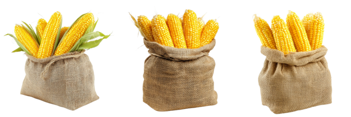collection Set of A line of fresh corn in a burlap bag, PNG format Background. Generative AI,