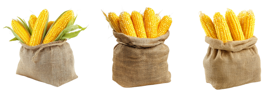 collection Set of A line of fresh corn in a burlap bag, PNG format Background. Generative AI,