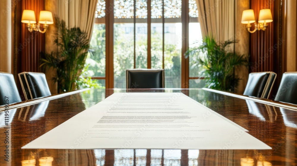 Aufkleber empty document ready for signing, placed neatly on a table in a high-end conference room with a luxu