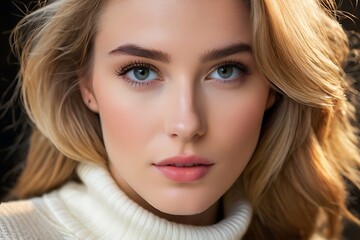 Fototapeta premium beautiful white girl wearing sweater with blurred background, generative ai