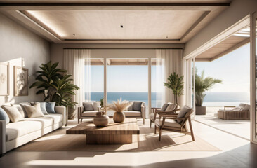 Fototapeta premium ไปที่หน้า |12ถัดไป A sea view villa in tropical style with beautiful sunlight and cozy sofa