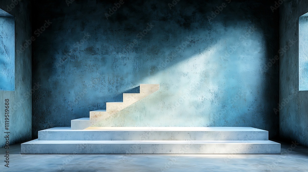 Poster exploring abandoned spaces illuminated staircase with minimalist design and dramatic light