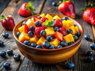 Panoramic Vibrant Fruit Salad Photography: Diced Mango, Blueberry, Strawberry Bowl