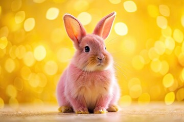 Obraz premium Pink Bunny Easter, Cute Rabbit Yellow Background, Minimalist Easter Photography, Spring Bunny Photo, Adorable Easter Bunny