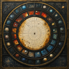 Obraz premium Ornate celestial diagram showcasing planets and celestial phenomena in a detailed circular layout