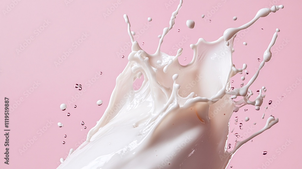 Poster milk splashing and making a crown shape on pink background