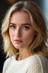Naklejka premium beautiful white girl wearing sweater with blurred background, generative ai