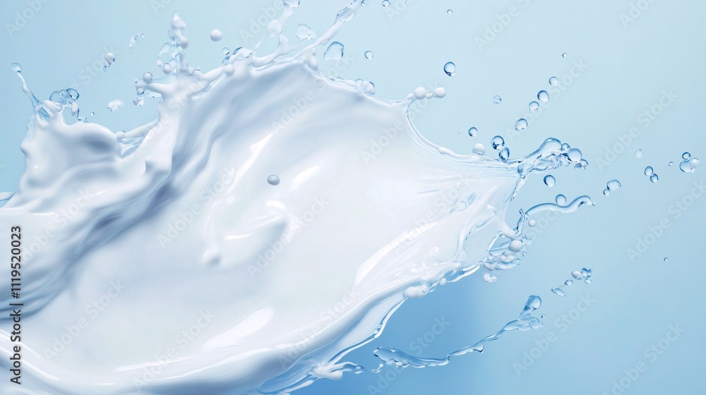 Poster milk splashing and making a big wave on light blue background