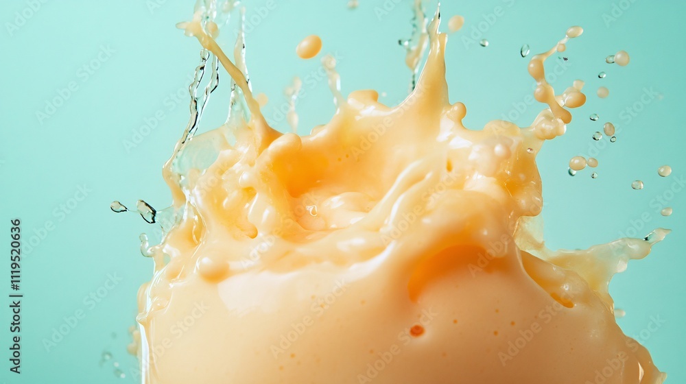 Poster peach yogurt splashing on turquoise background